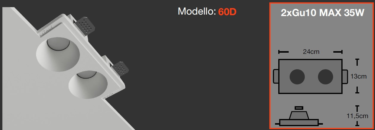 Porta faretto da incasso in gesso quadrato DOPPIO ART.60D